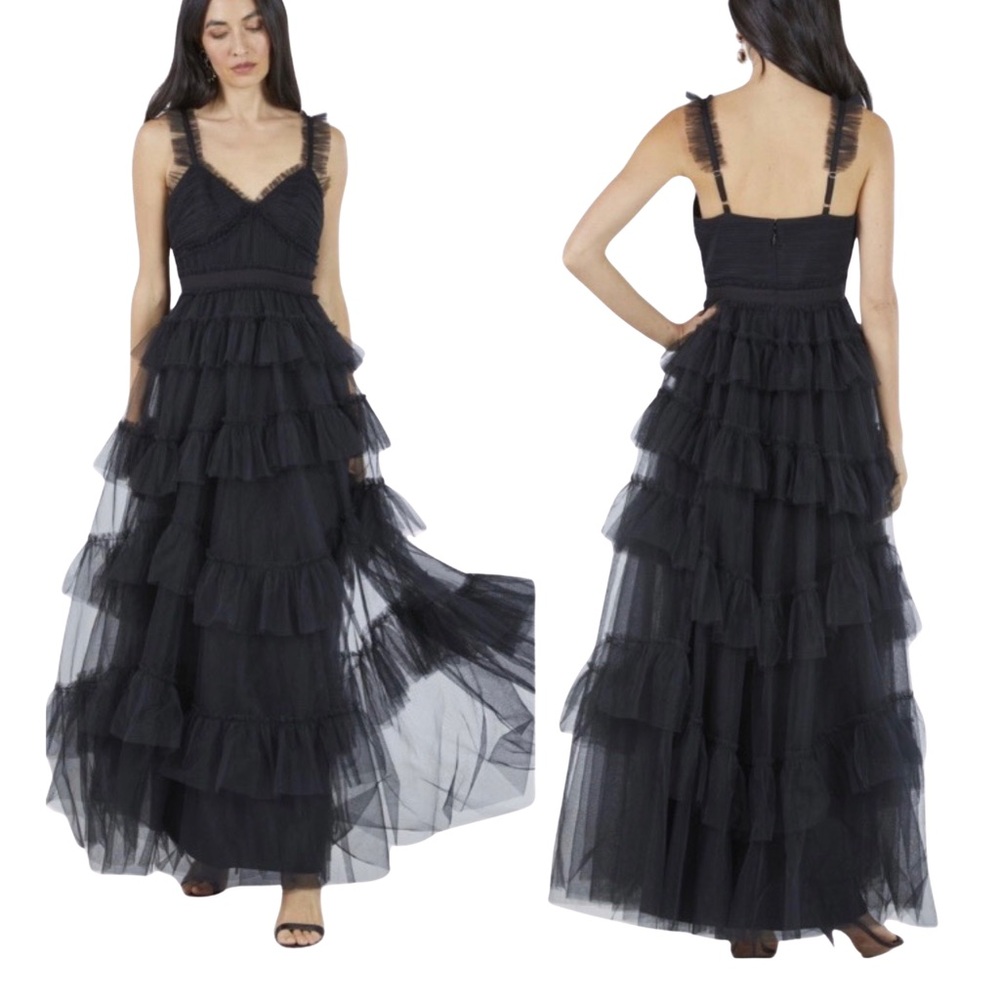 BCBGMAXAZRIA Flutter Sleeve Tulle gown